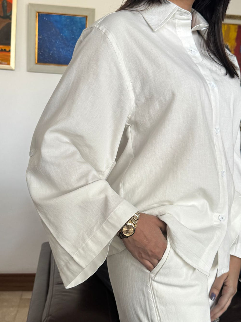 White Button Down Shirt with Relaxed Trouser made with light weight denim by 1947 Clothing