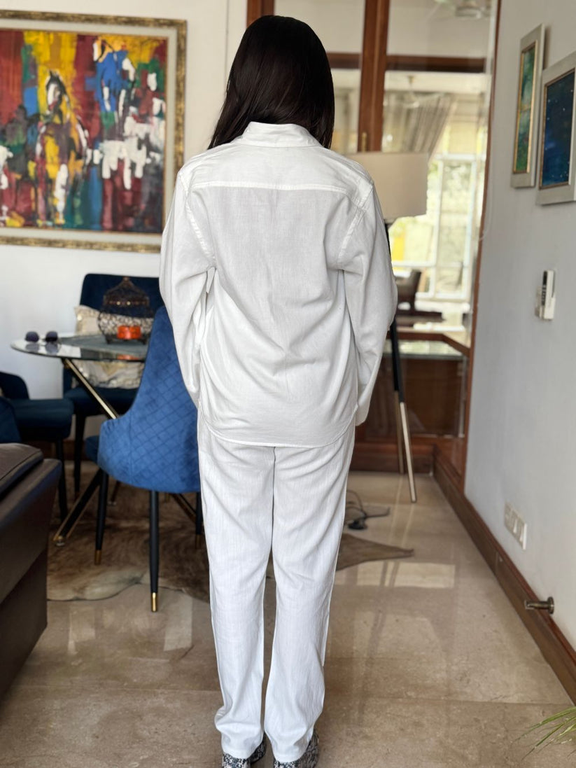 White Button Down Shirt with Relaxed Trouser made with light weight denim by 1947 Clothing