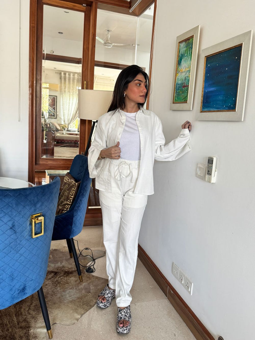 White Button Down Shirt with Relaxed Trouser made with light weight denim by 1947 Clothing