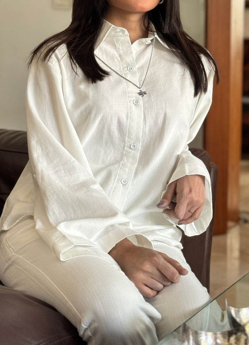 White Button Down Shirt with Relaxed Trouser made with light weight denim by 1947 Clothing
