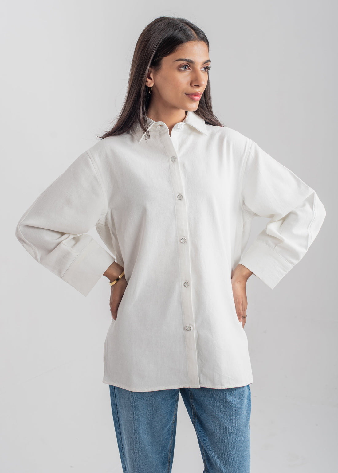 Women's Denim Button Down Shirt in White with a Collared Neckline and Buttons Down the Front