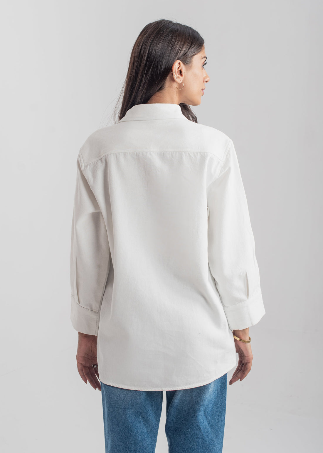Women's Denim Button Down Shirt in White with a Collared Neckline and Buttons Down the Front