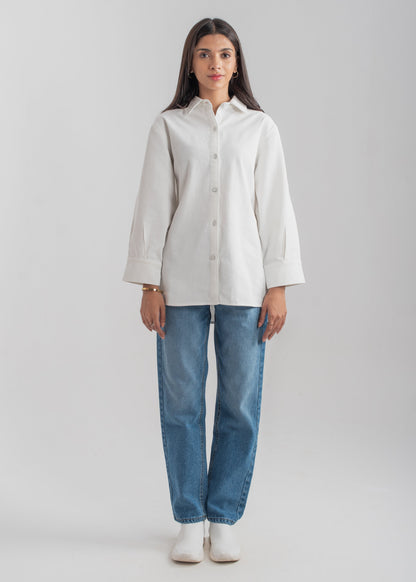Women's Denim Button Down Shirt in White with a Collared Neckline and Buttons Down the Front