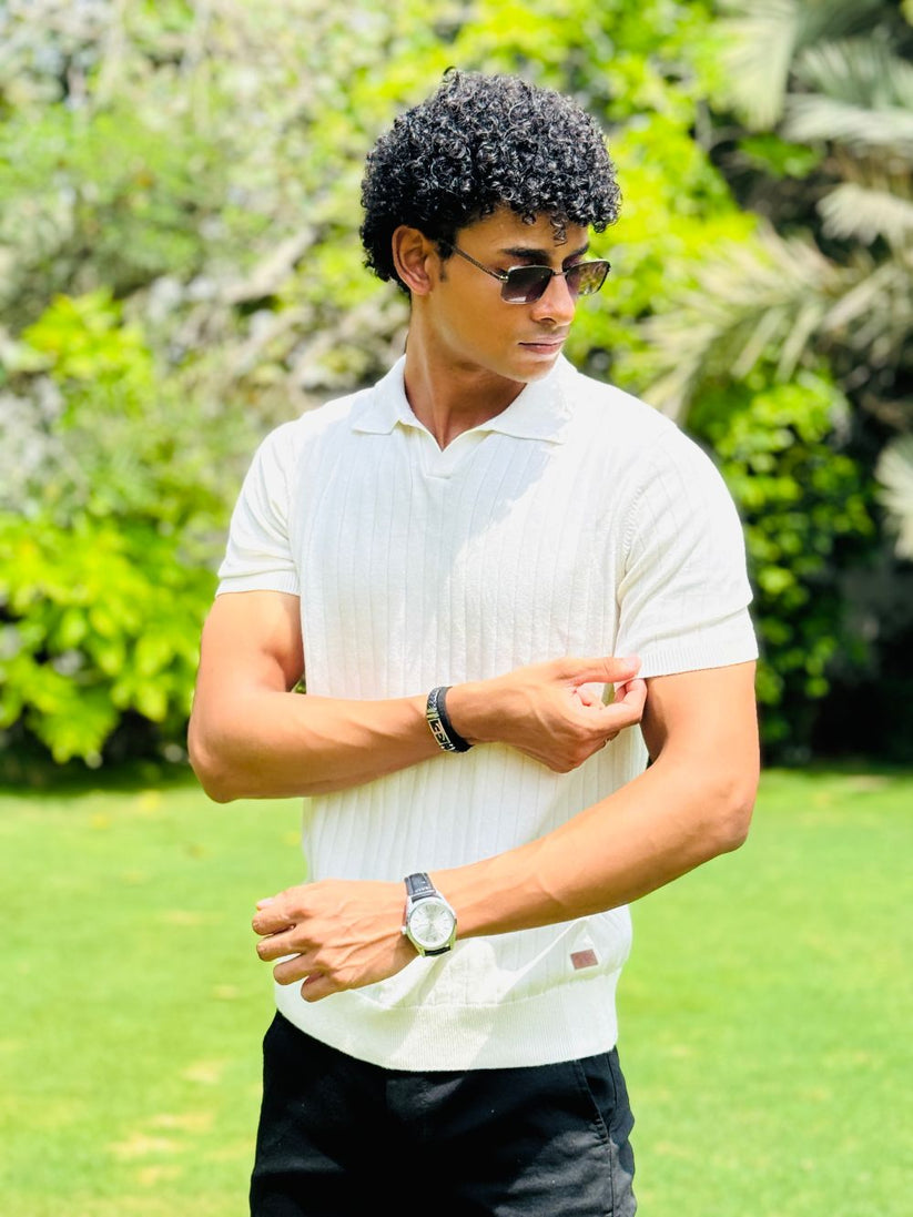 White Drop Needle Johnny Collar Polo made with 100% Combed Cotton by 1947 Clothing