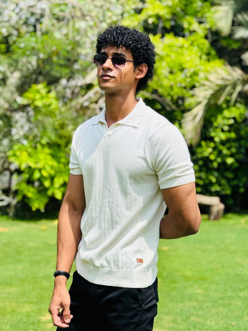 White Drop Needle Johnny Collar Polo made with 100% Combed Cotton by 1947 Clothing