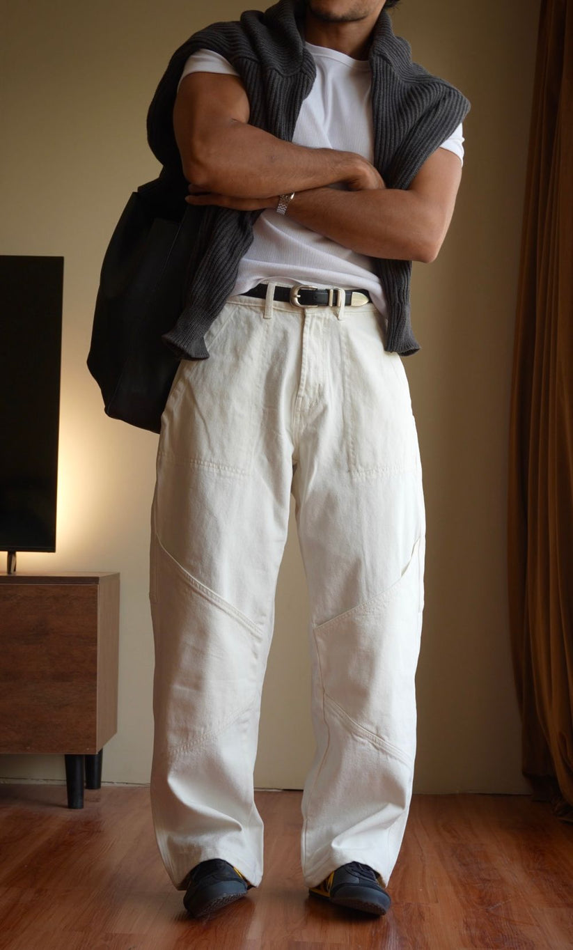 White Patchline Jeans relaxed fit white denim with patchwork detailing for modern casual streetwear