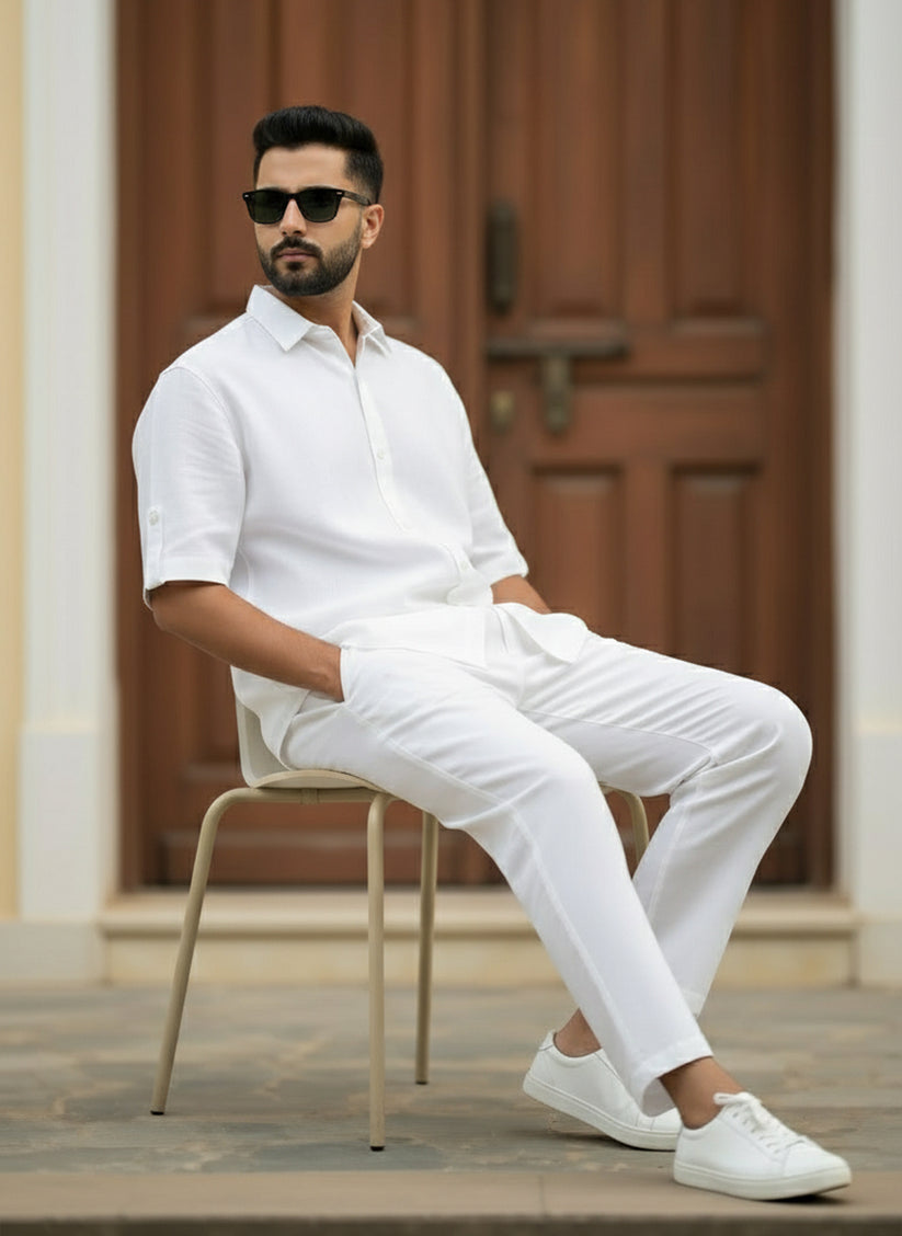 White Relaxed Coord Set having White Half Sleeves Shirt with Relaxed Trousers made from light weight denim by 1947 Clothing