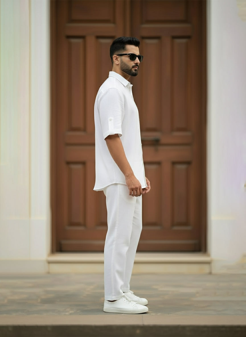 White Relaxed Coord Set having White Half Sleeves Shirt with Relaxed Trousers made from light weight denim by 1947 Clothing