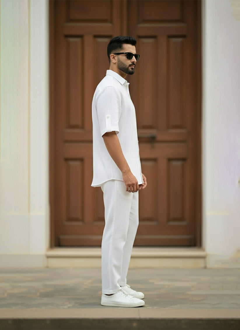 White Relaxed Coord Set having White Half Sleeves Shirt with Relaxed Trousers made from light weight denim by 1947 Clothing