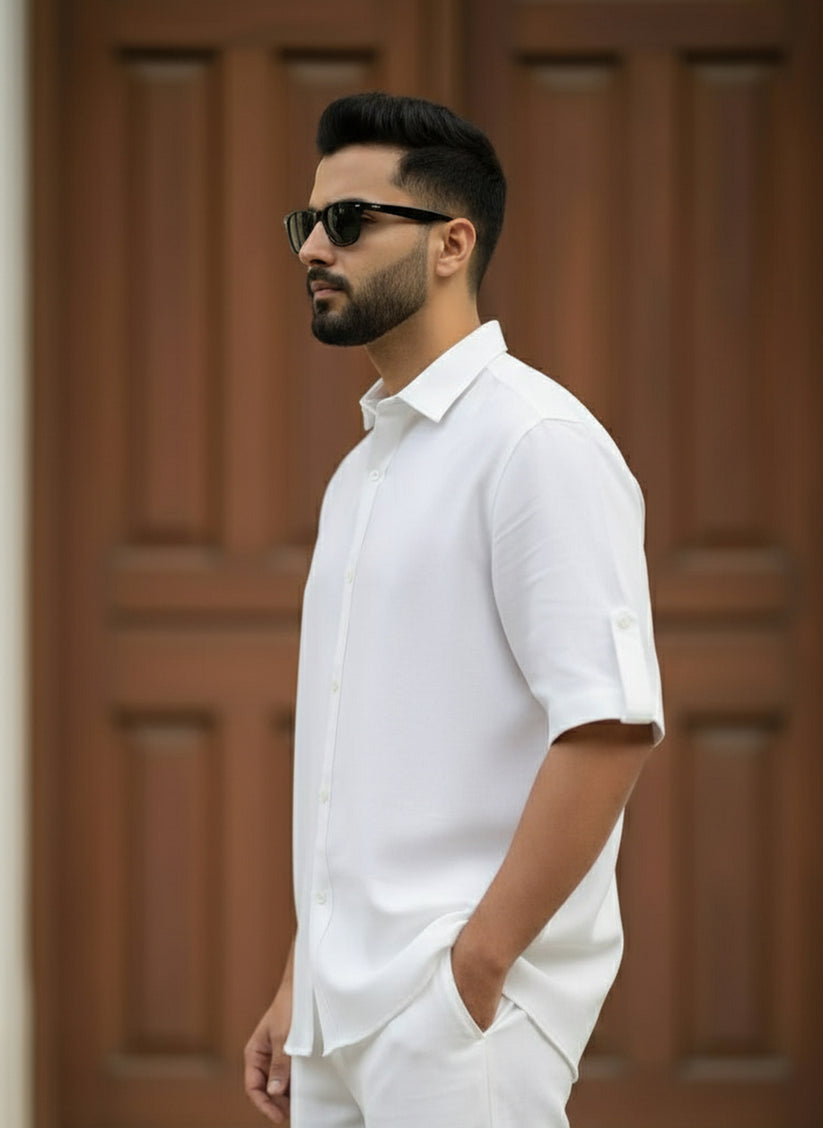 White Relaxed Coord Set having White Half Sleeves Shirt with Relaxed Trousers made from light weight denim by 1947 Clothing