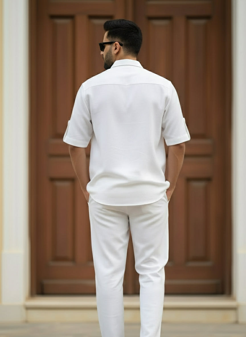 White Relaxed Coord Set having White Half Sleeves Shirt with Relaxed Trousers made from light weight denim by 1947 Clothing