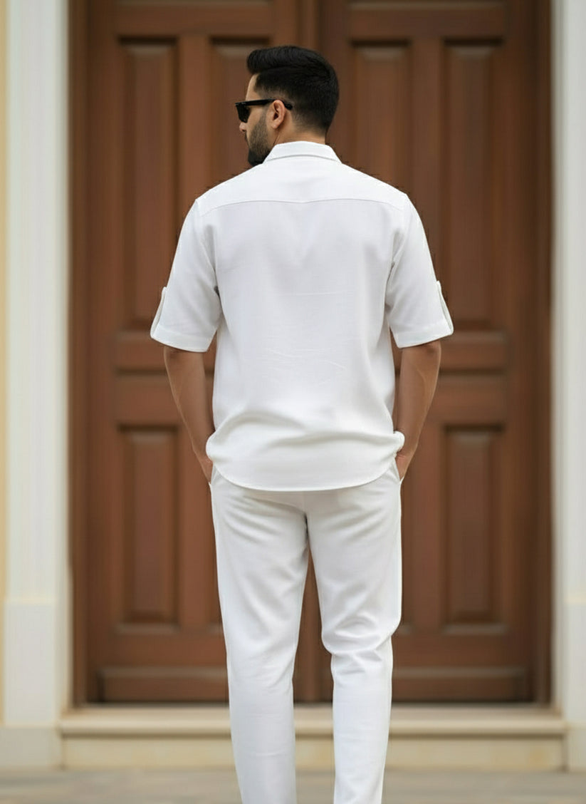 White Relaxed Coord Set having White Half Sleeves Shirt with Relaxed Trousers made from light weight denim by 1947 Clothing