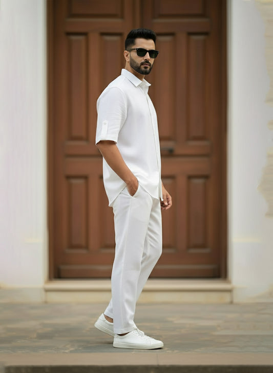 White Relaxed Coord Set having White Half Sleeves Shirt with Relaxed Trousers made from light weight denim by 1947 Clothing