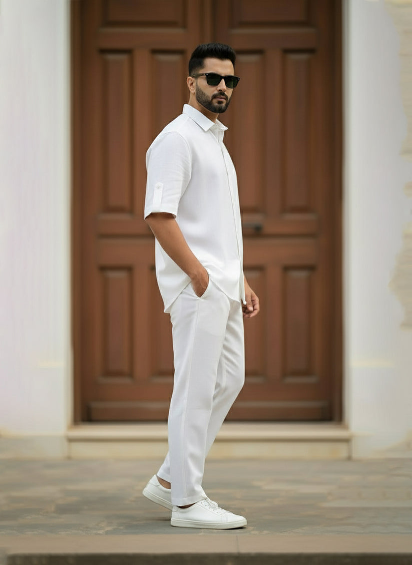 White Relaxed Coord Set having White Half Sleeves Shirt with Relaxed Trousers made from light weight denim by 1947 Clothing
