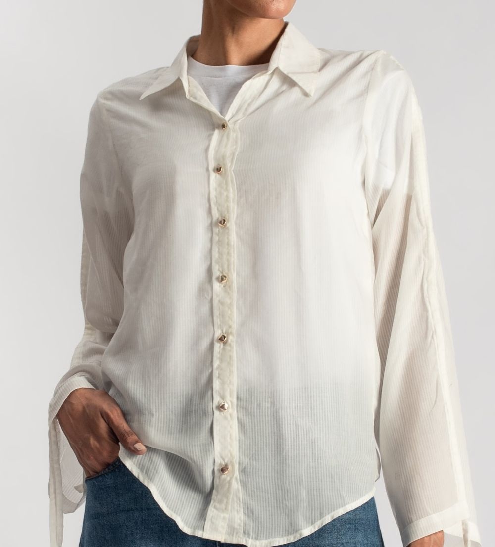 Women's White Button Down Shirt with Stringed Sleeves
