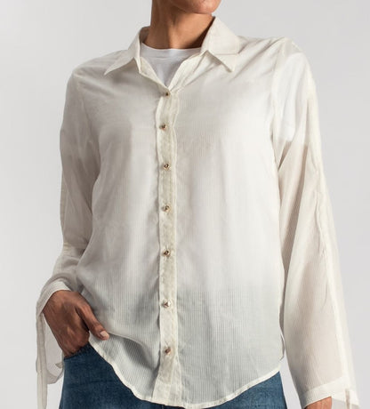 Women's White Button Down Shirt with Stringed Sleeves