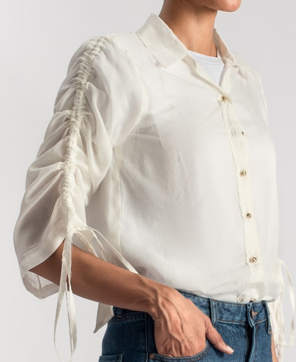 Women's White Button Down Shirt with Stringed Sleeves