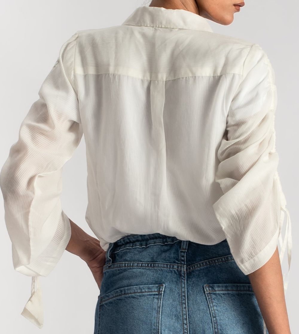 Women's White Button Down Shirt with Stringed Sleeves