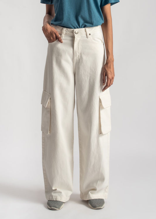 Women's Skater Cargo Jeans in White with 2 Pockets |  Women's Denim Utility Cargo Jeans