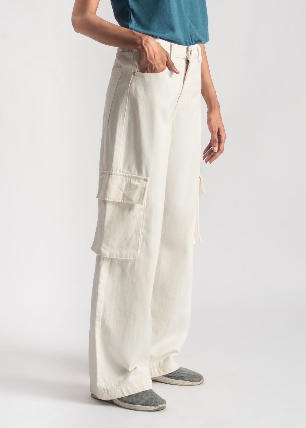 Women's Skater Cargo Jeans in White with 2 Pockets |  Women's Denim Utility Cargo Jeans
