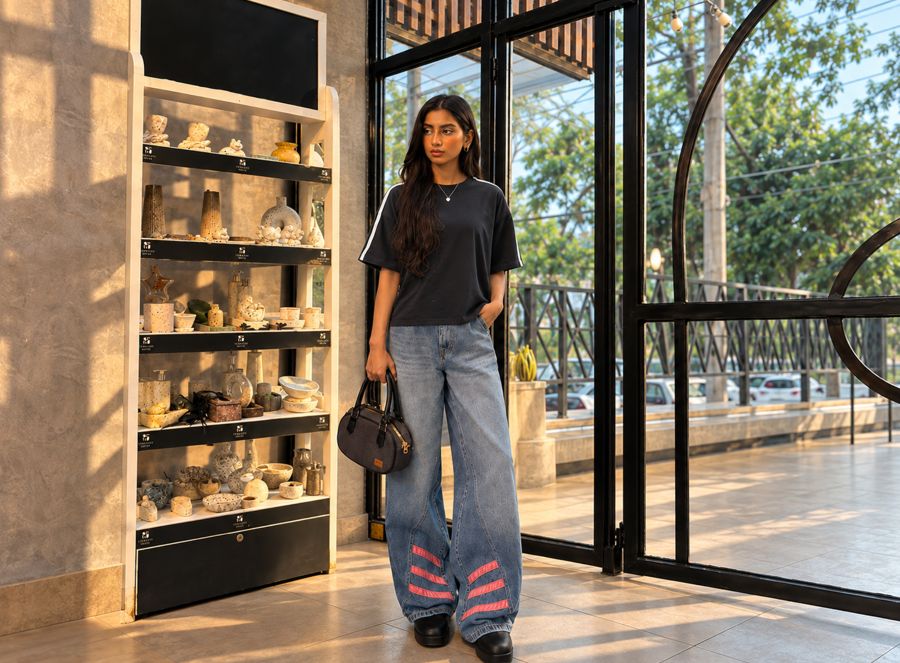 Boxy Fit Black Tshirt with Relaxed Blue Jeans with Pink Stripes