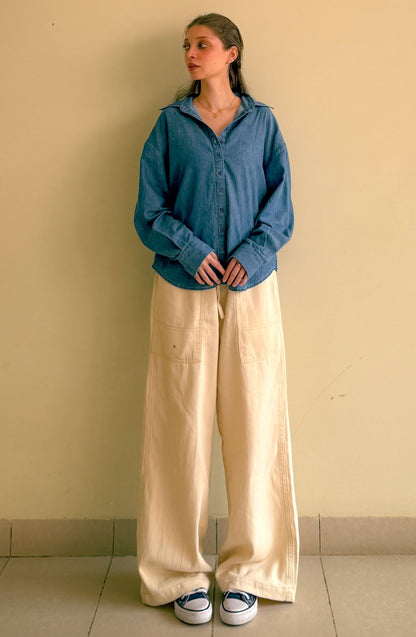 Women's Urban Relaxed Fit Jeans in Beige with Drawstrings