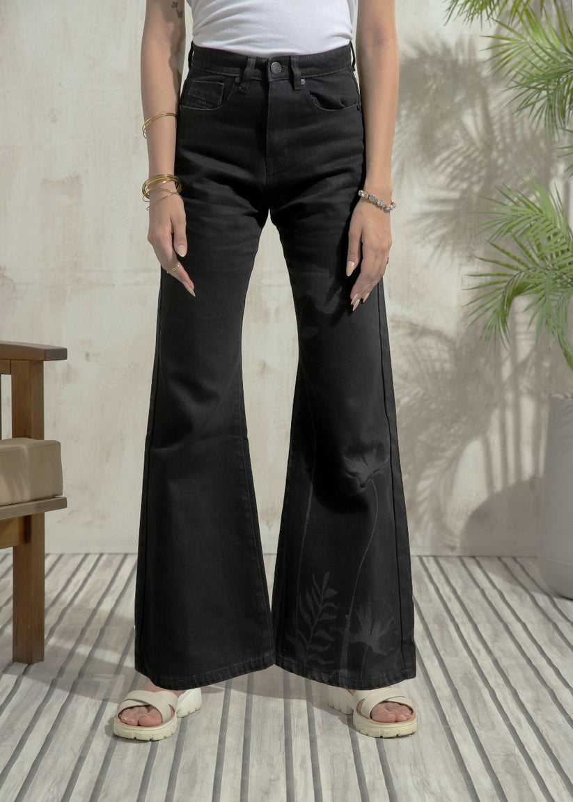 Women's Flare Jeans in Graphic Black with laser-printed designs