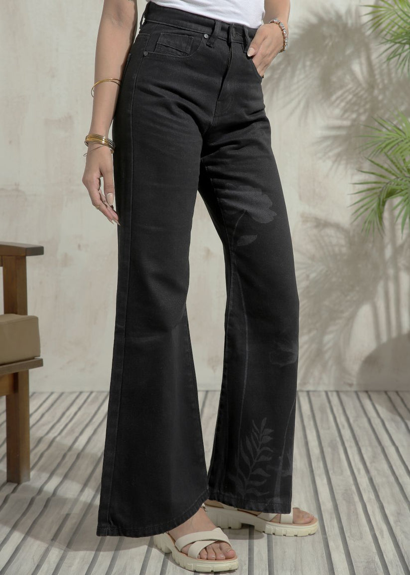 Women's Flare Jeans in Graphic Black with laser-printed designs