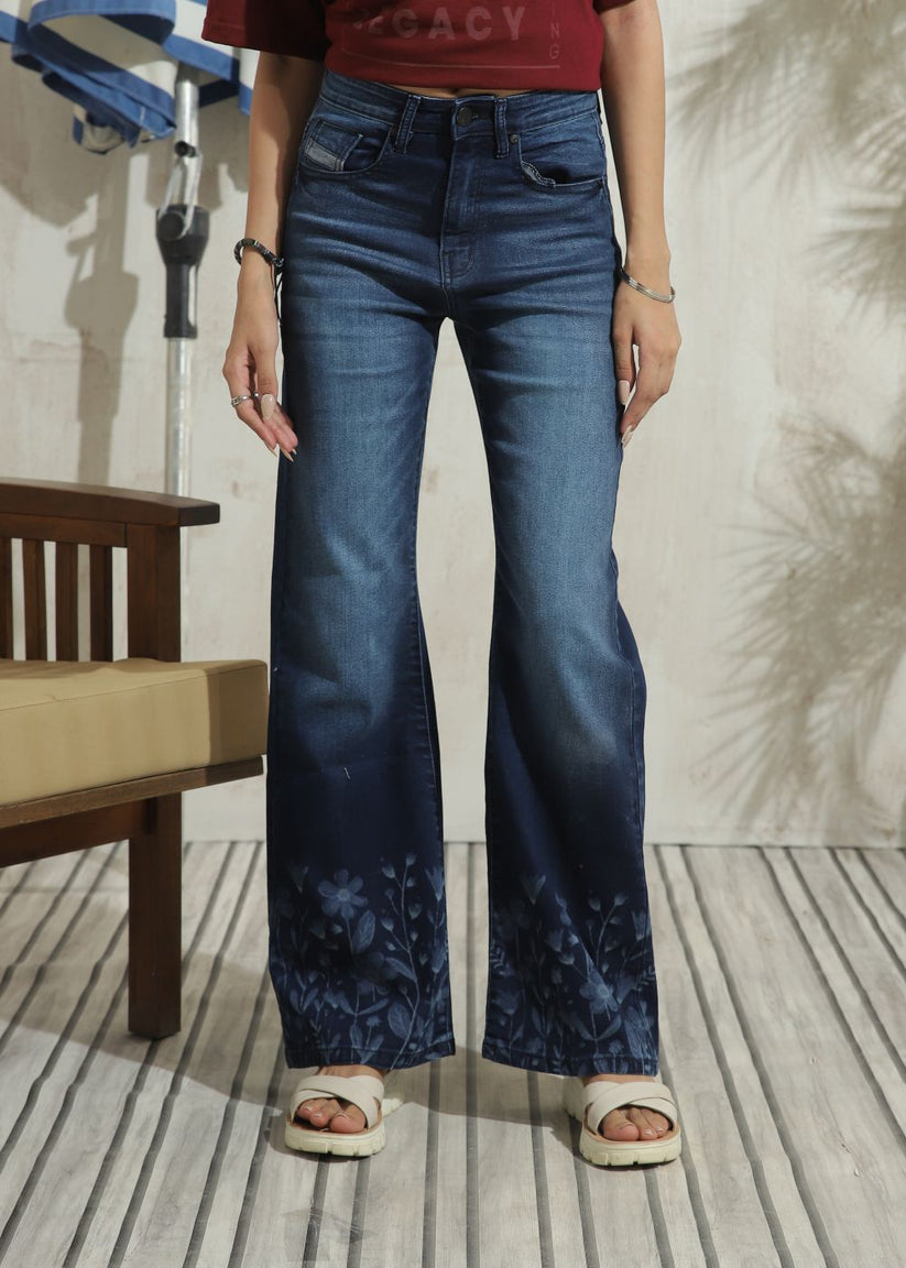 Women's Graphic Flare Jeans in Dark Blue with Laser Printed Designs