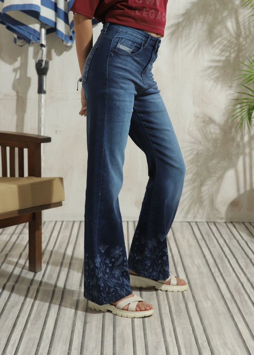 Women's Graphic Flare Jeans in Dark Blue with Laser Printed Designs