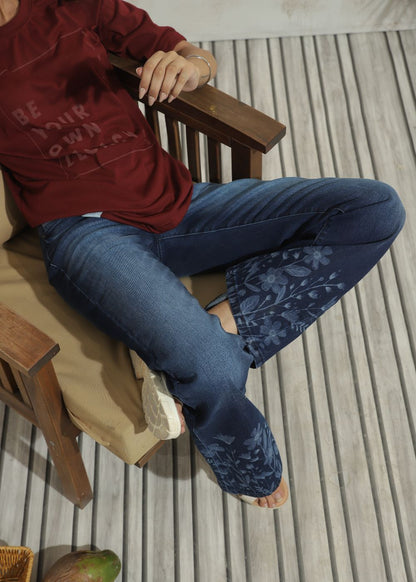 Women's Graphic Flare Jeans in Dark Blue with Laser Printed Designs