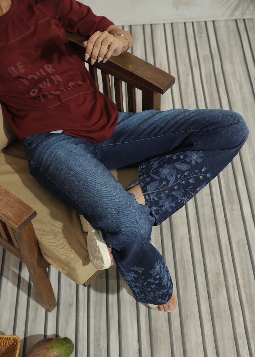 Women's Graphic Flare Jeans in Dark Blue with Laser Printed Designs