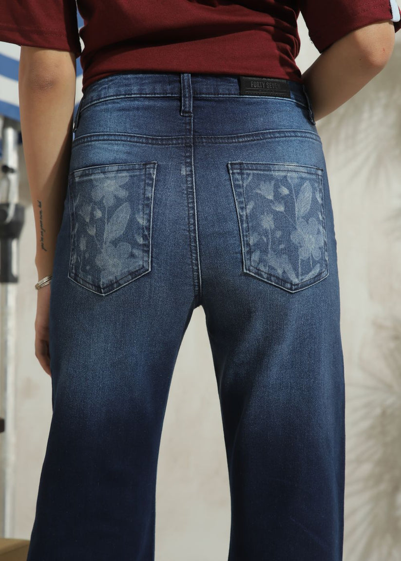 Women's Graphic Flare Jeans in Dark Blue with Laser Printed Designs