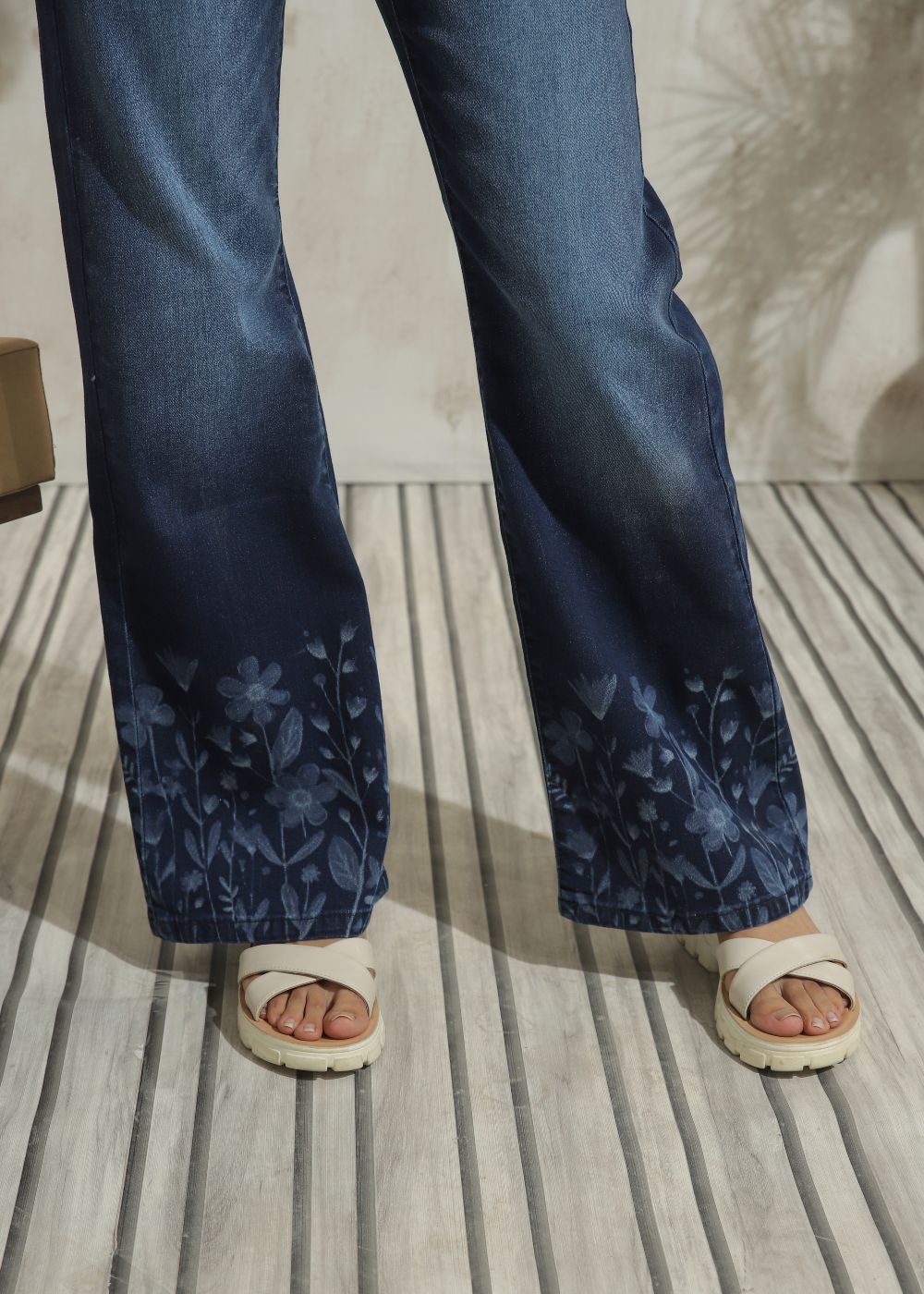 Women's Graphic Flare Jeans in Dark Blue with Laser Printed Designs