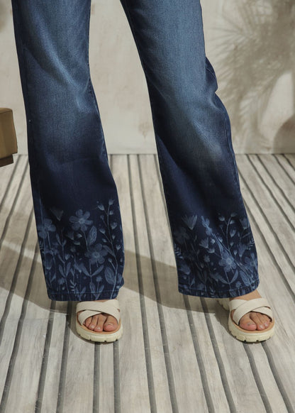Women's Graphic Flare Jeans in Dark Blue with Laser Printed Designs