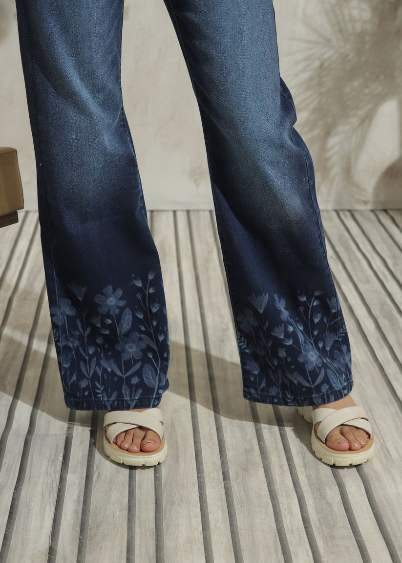 Women's Graphic Flare Jeans in Dark Blue with Laser Printed Designs
