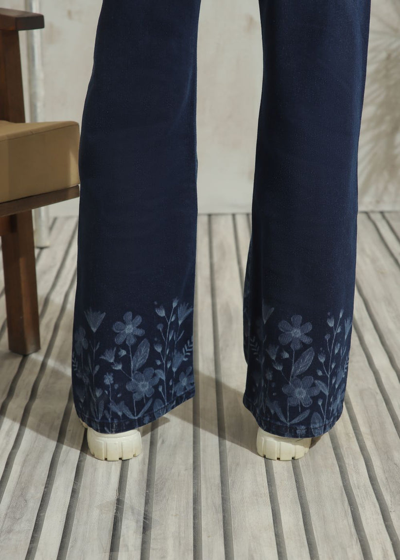 Women's Graphic Flare Jeans in Dark Blue with Laser Printed Designs