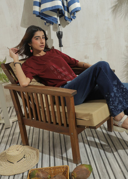 Women's Graphic Flare Jeans in Dark Blue with Laser Printed Designs
