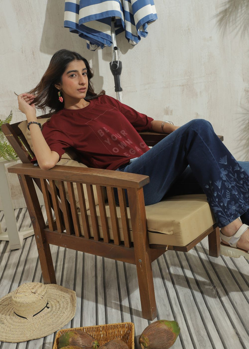 Women's Graphic Flare Jeans in Dark Blue with Laser Printed Designs