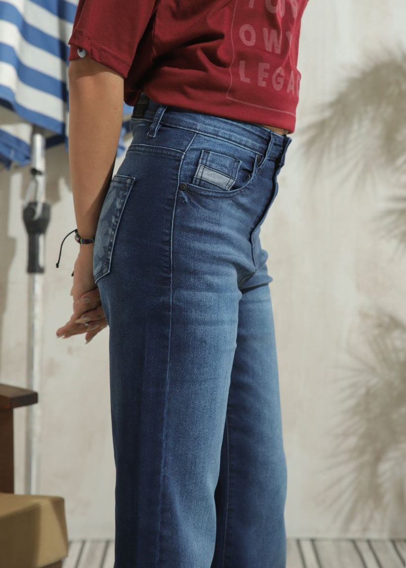 Women's Graphic Flare Jeans in Dark Blue with Laser Printed Designs