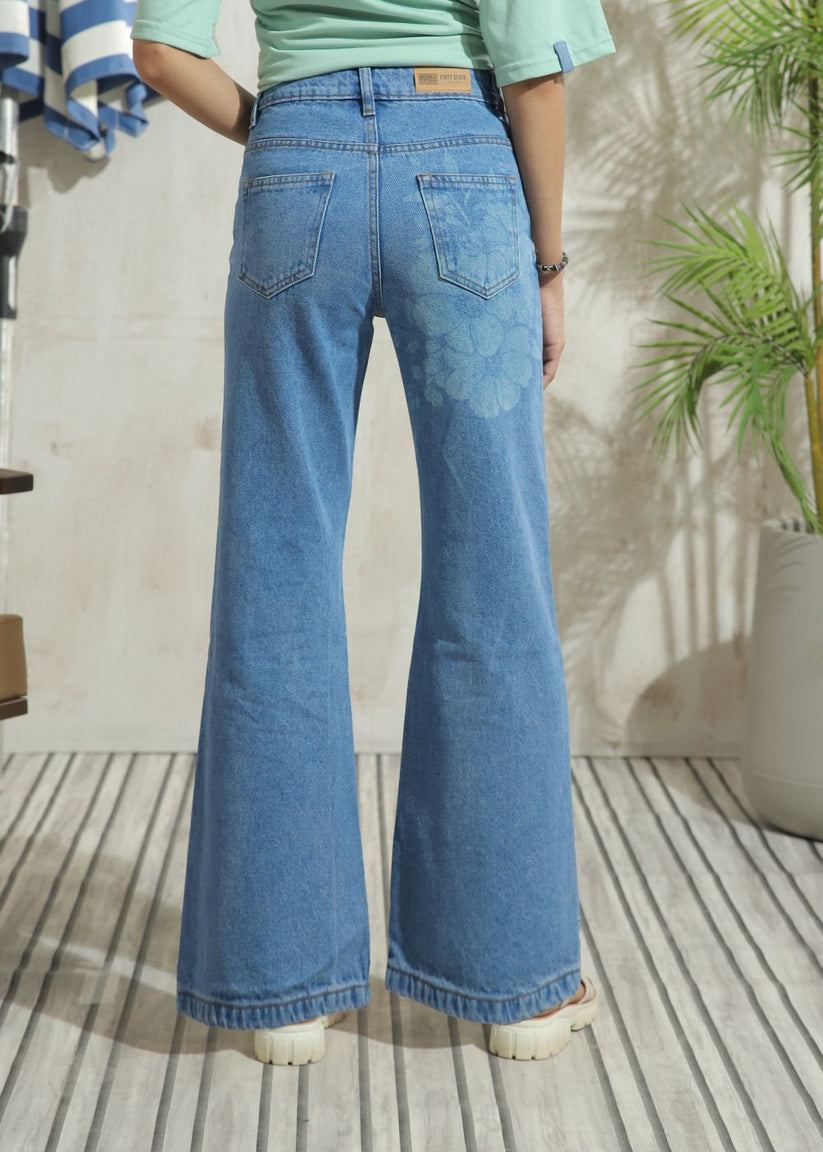 Women's Graphic Light Bromo Flare Jeans with laser-printed designs