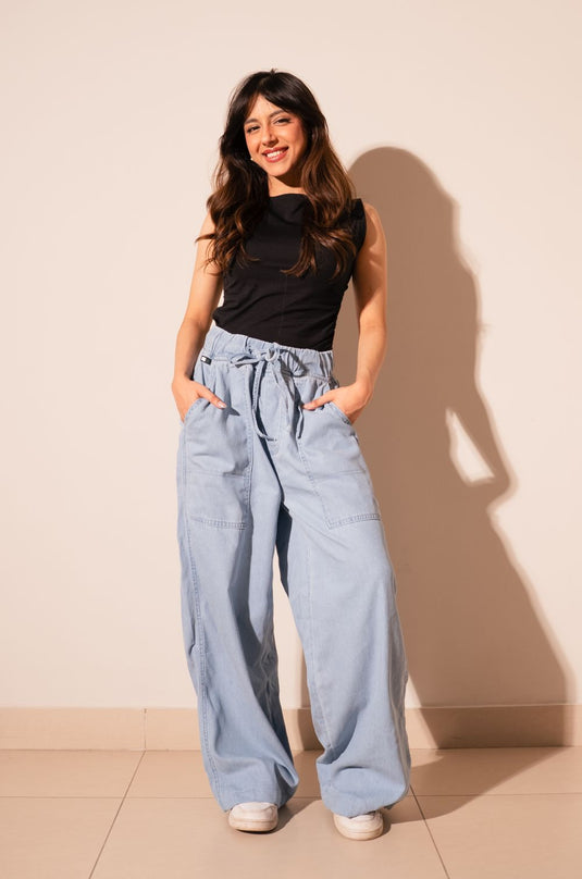 Women's Urban Relaxed Fit Jeans in Ice Blue with Drawstrings