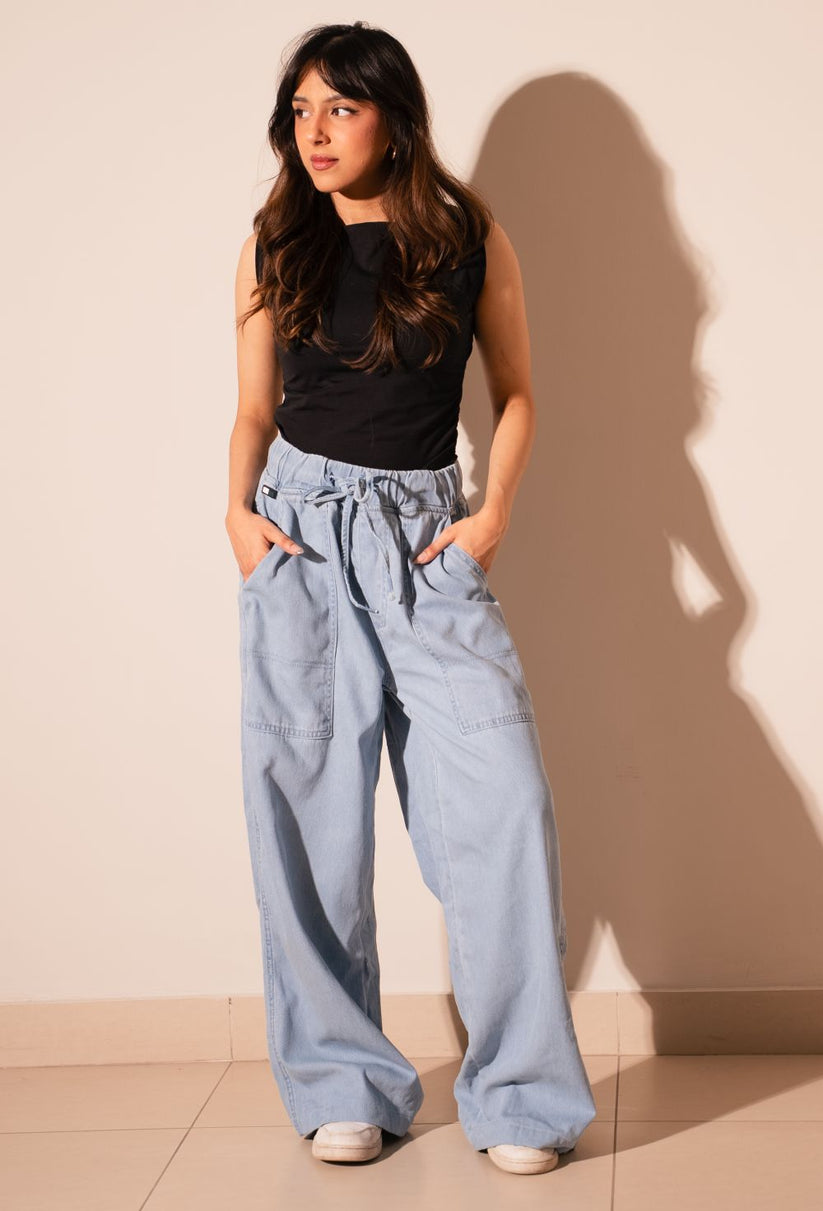 Women's Urban Relaxed Fit Jeans in Ice Blue with Drawstrings