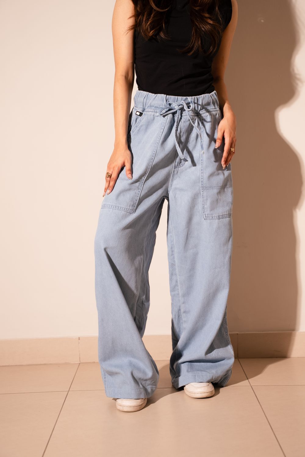 Women's Urban Relaxed Fit Jeans in Ice Blue with Drawstrings