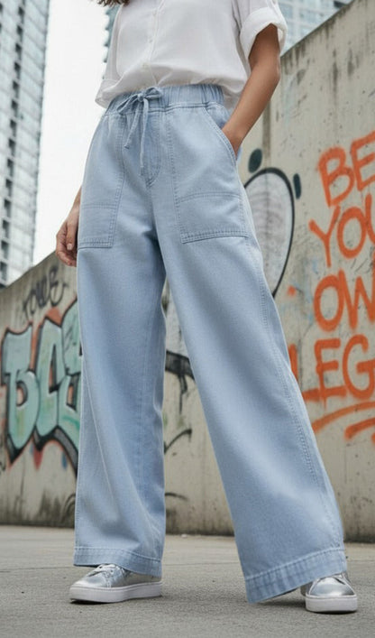 Women's Urban Relaxed Fit Jeans in Ice Blue with Drawstrings