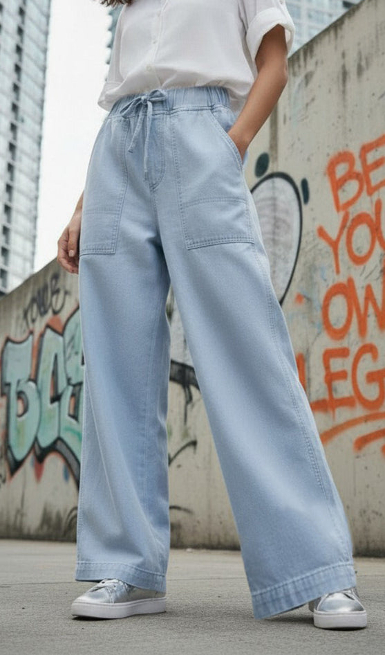 Women's Urban Relaxed Fit Jeans in Ice Blue with Drawstrings