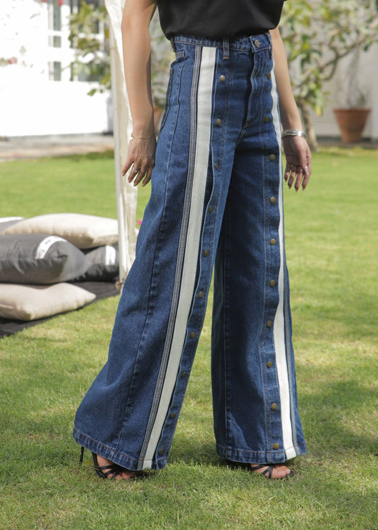 Women's Striato Flare Jeans in Dark Blue with Open Button Style