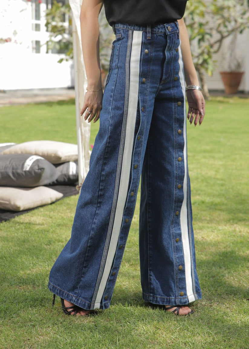 Women's Striato Flare Jeans in Dark Blue with Open Button Style