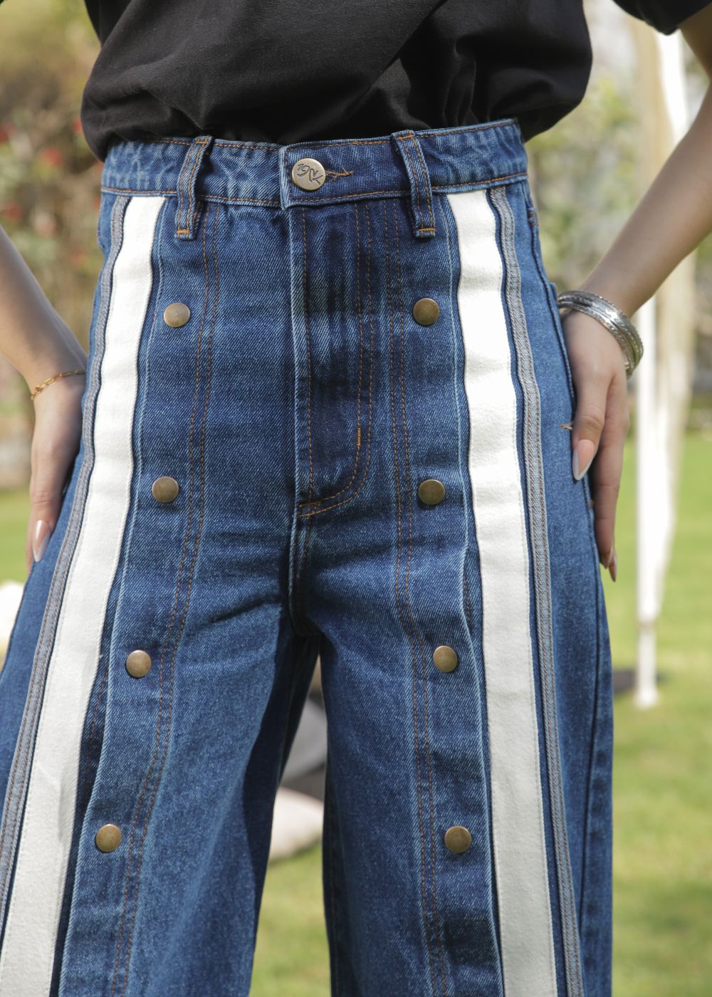 Women's Striato Flare Jeans in Dark Blue with Open Button Style