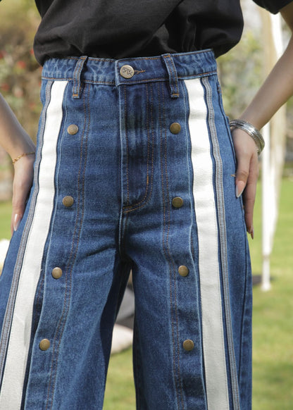 Women's Striato Flare Jeans in Dark Blue with Open Button Style